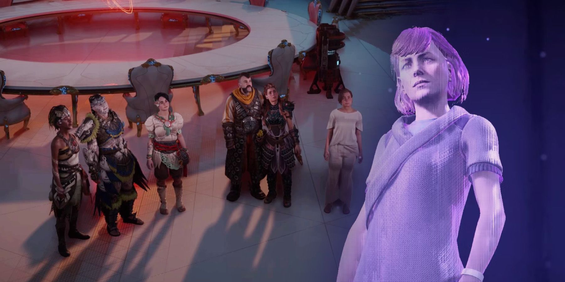 aloy's team with a hologram of elisabet sobeck at the right side