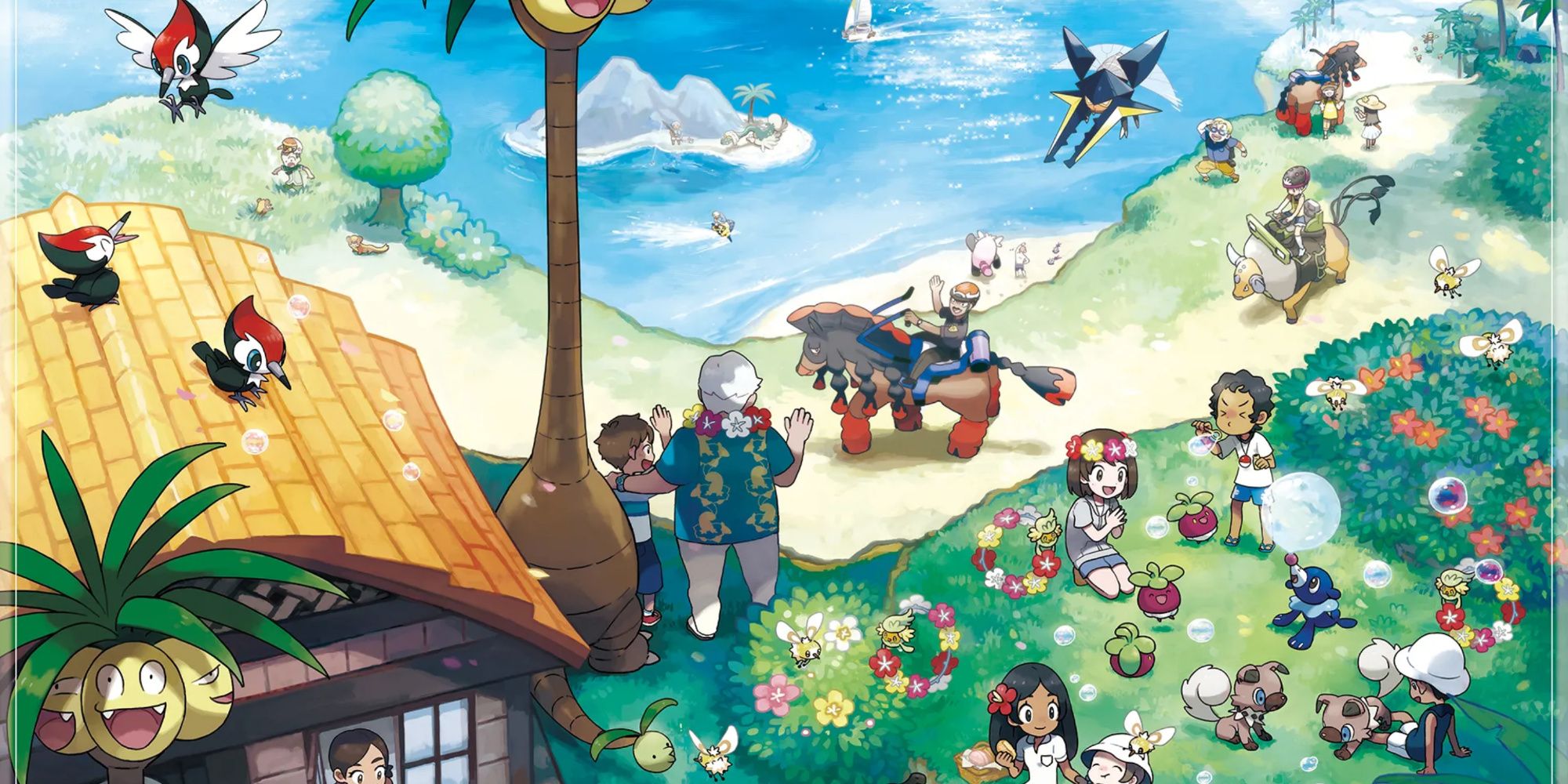 Promo art featuring Pokemon and characters from Pokemon Sun And Pokemon Moon