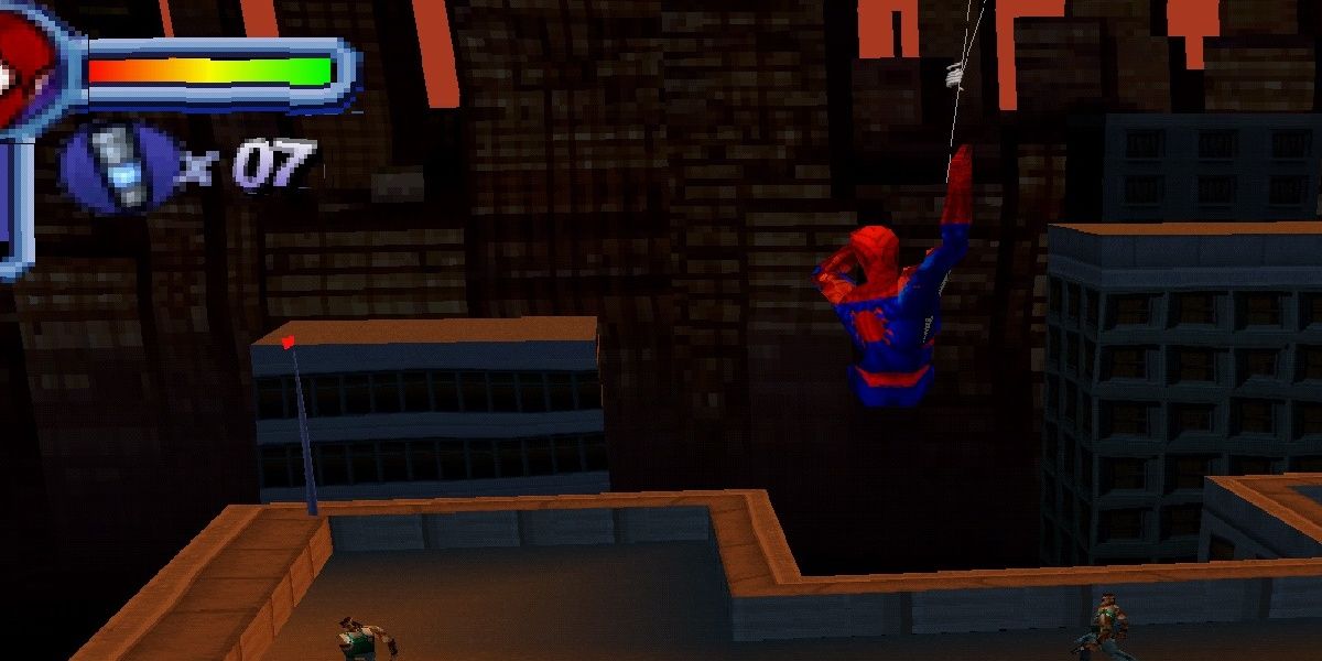 spider-man swinging towards a roof