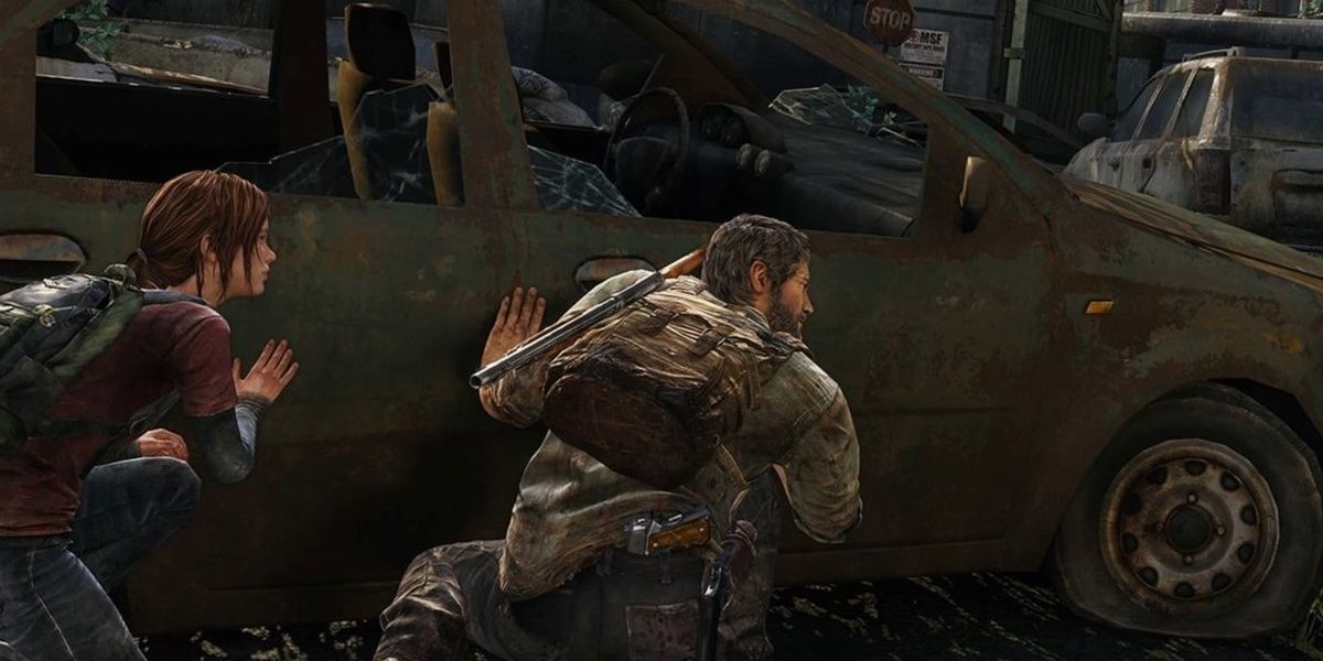 joel and ellie hiding behind a car in the last of us