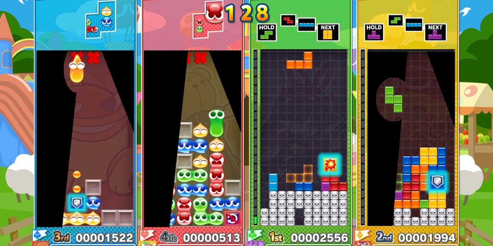 A four player match in Puyo Puyo Tetris 2