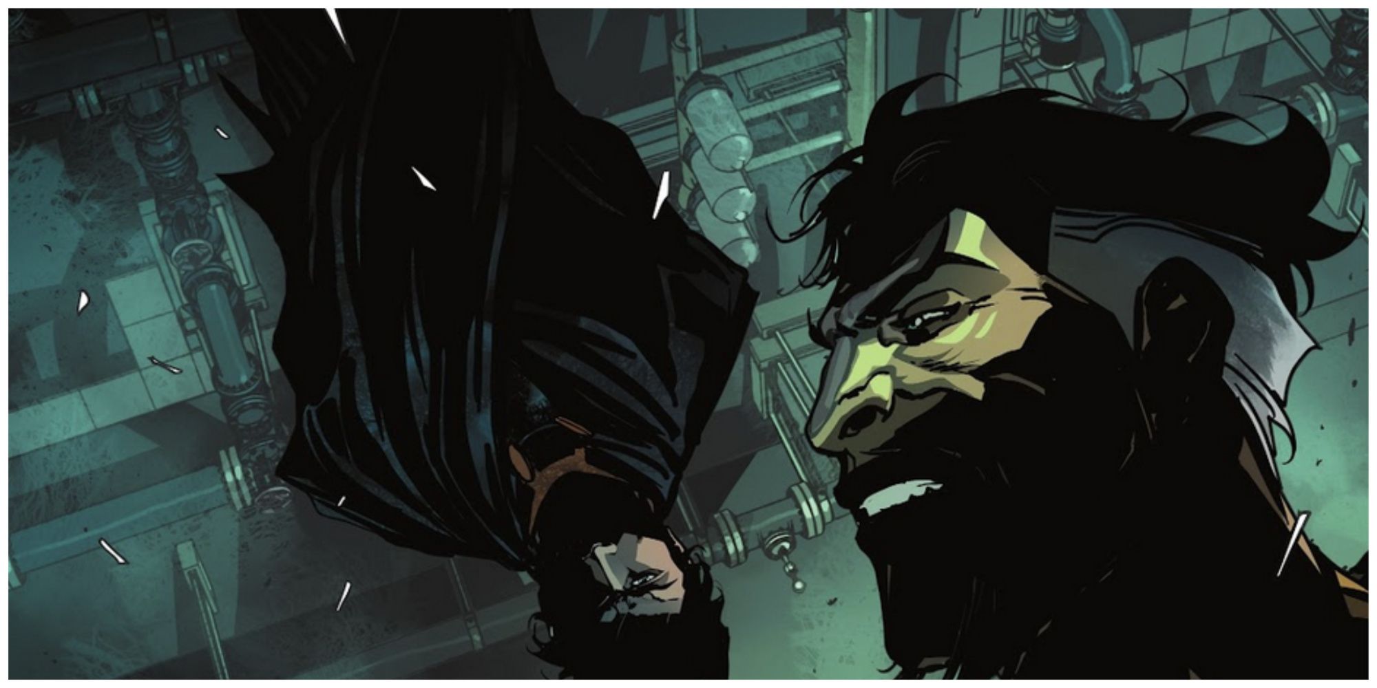 Bruce Wayne hanging upside down behind Ra's Al Ghul