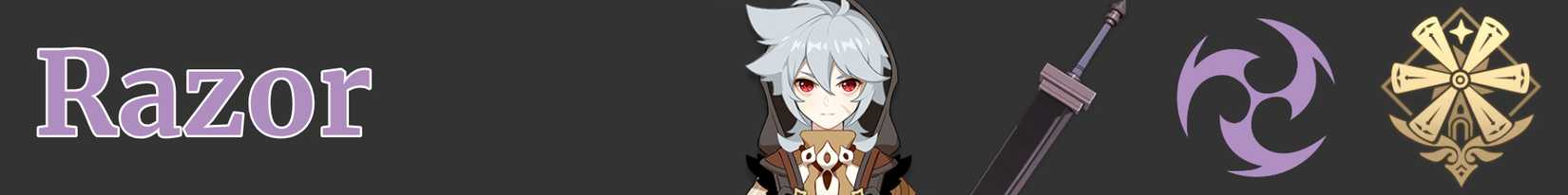 A narrow image strip with icons representing razor's weapon, element, and region - claymore electro mondstadt 