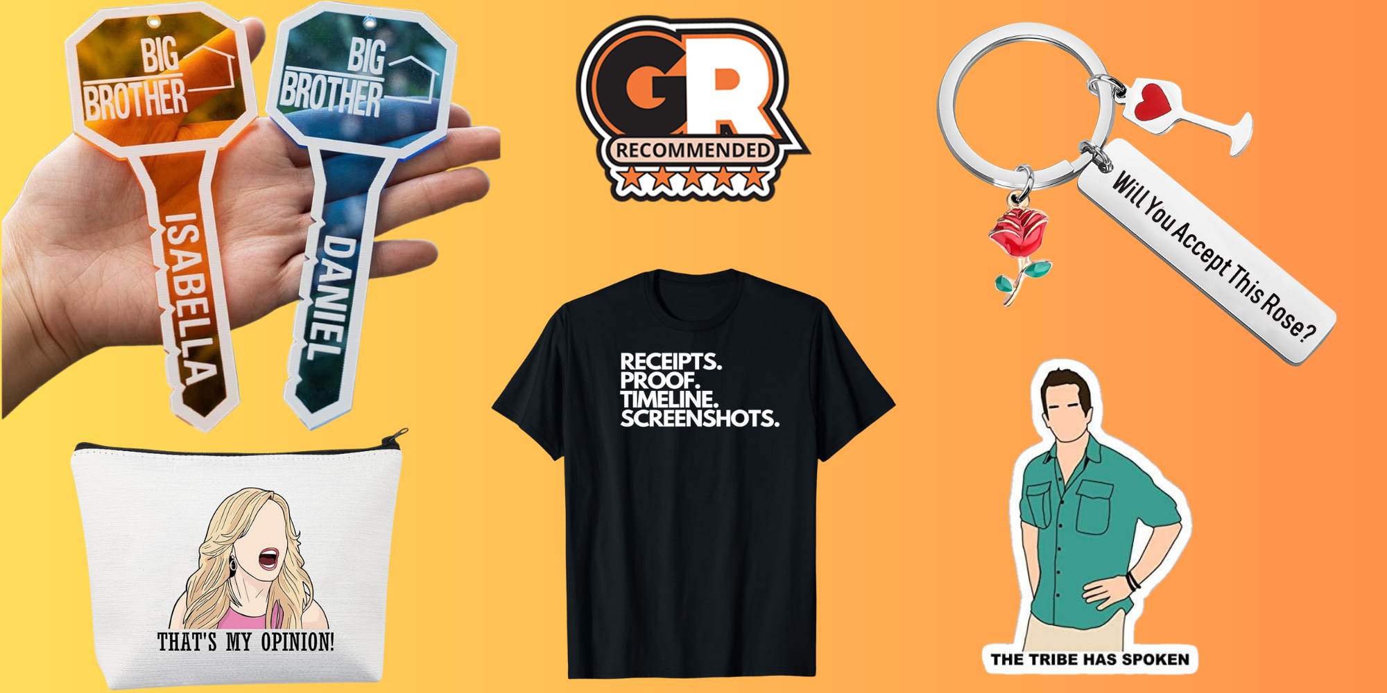 This image features five items from the Reality TV Merch collection