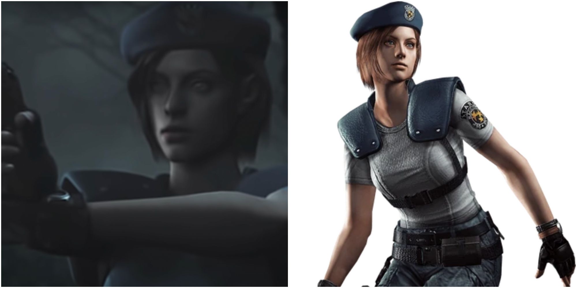 Jill Valentine holding a gun beside her official character art