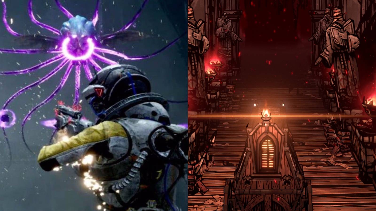 Returnal on the left, Darkest Dungeon on the right