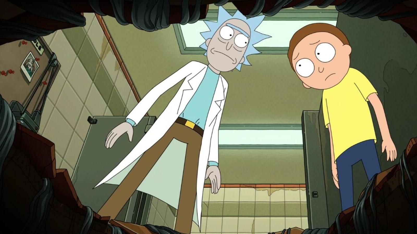 Rick and Morty stand outside of the Fear Hole