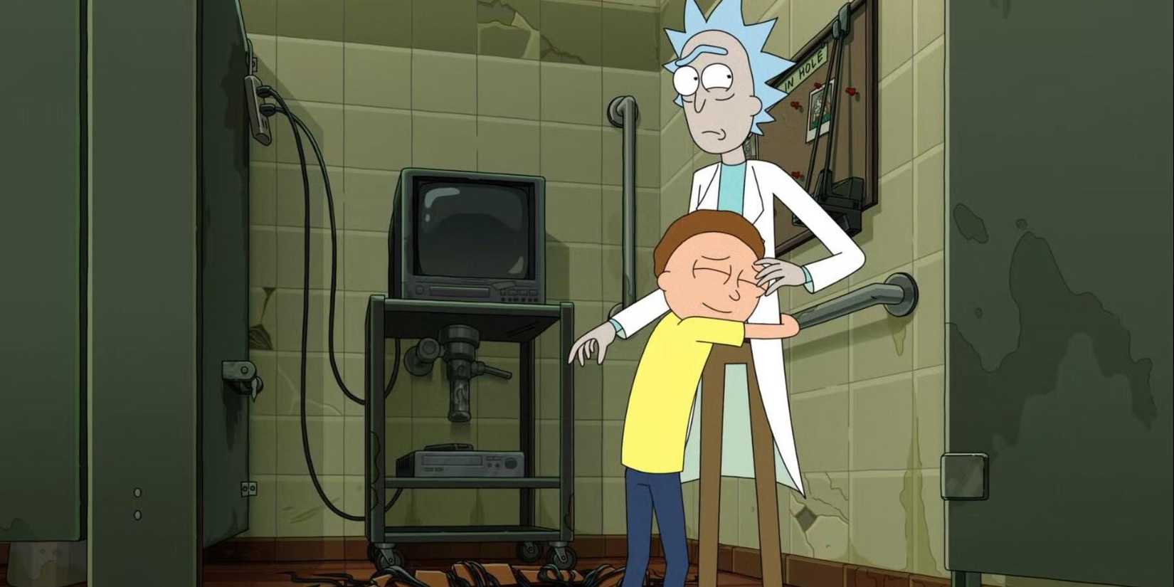Rick And Morty hug outside of the Fear Hole with a televison in the background