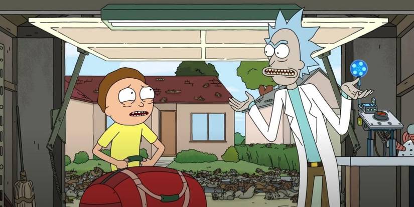 Rick and morty argue in front of an army of squirrels