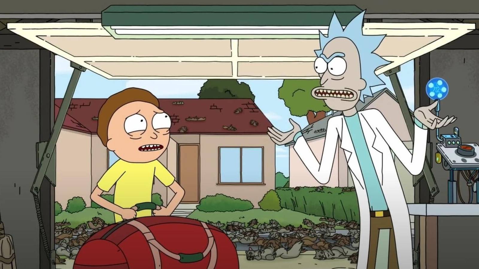 Rick and morty argue in front of an army of squirrels