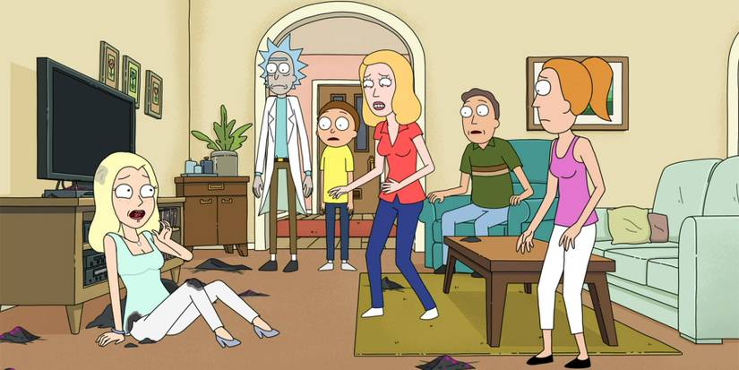 Rick and Morty look on as Diane appears in front of the Smith family