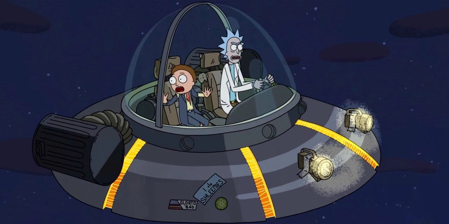 Morty and Rick in the spaceship on Rick and Morty