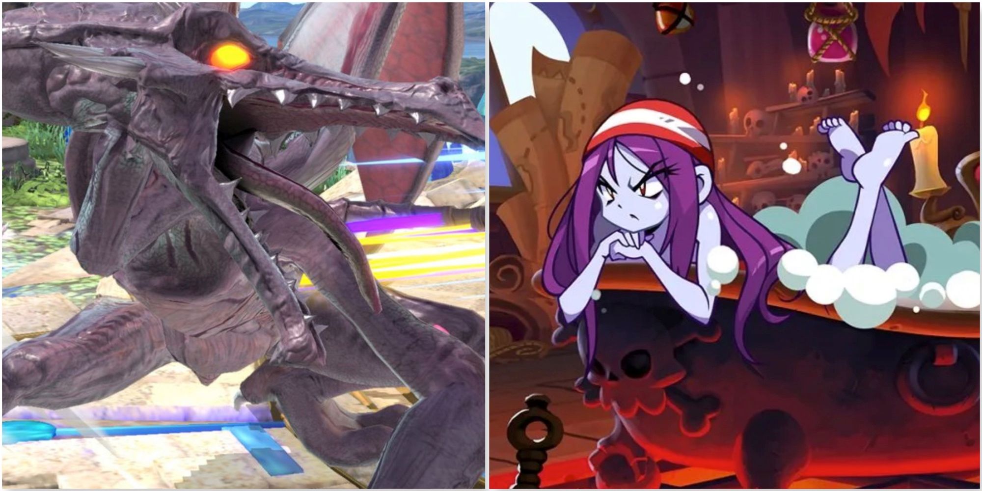 Ridley in Super Smash Bros. Ultimate and Risky Boots taking a bath in Shantae Half-Genie Hero