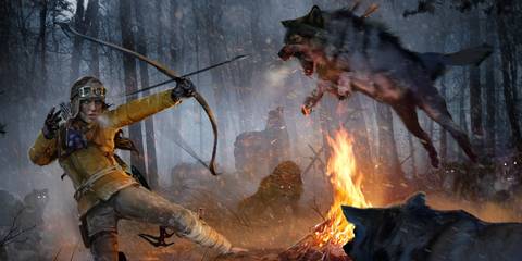 Lara Croft firing an arrow at a wolf in Rise Of The Tomb Raider