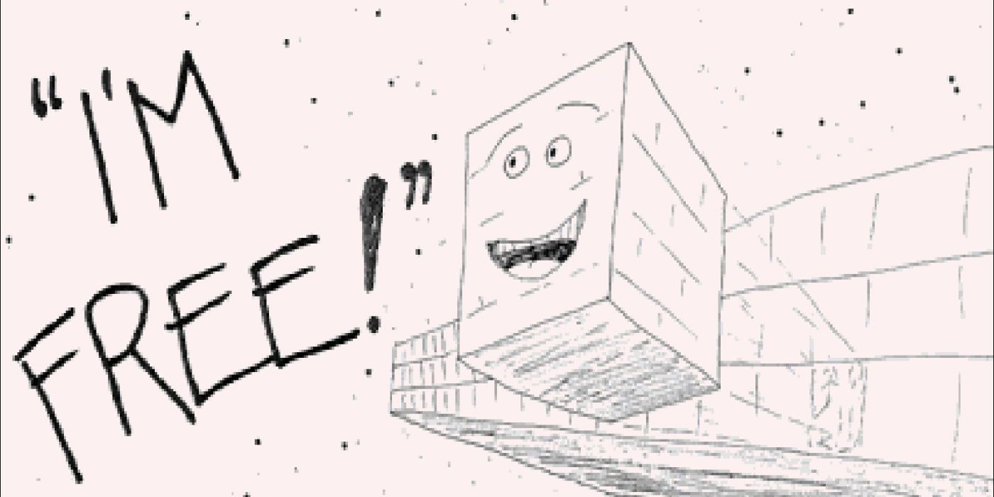 A doodle of a flying block escaping and exclaiming "I'M FREE!"