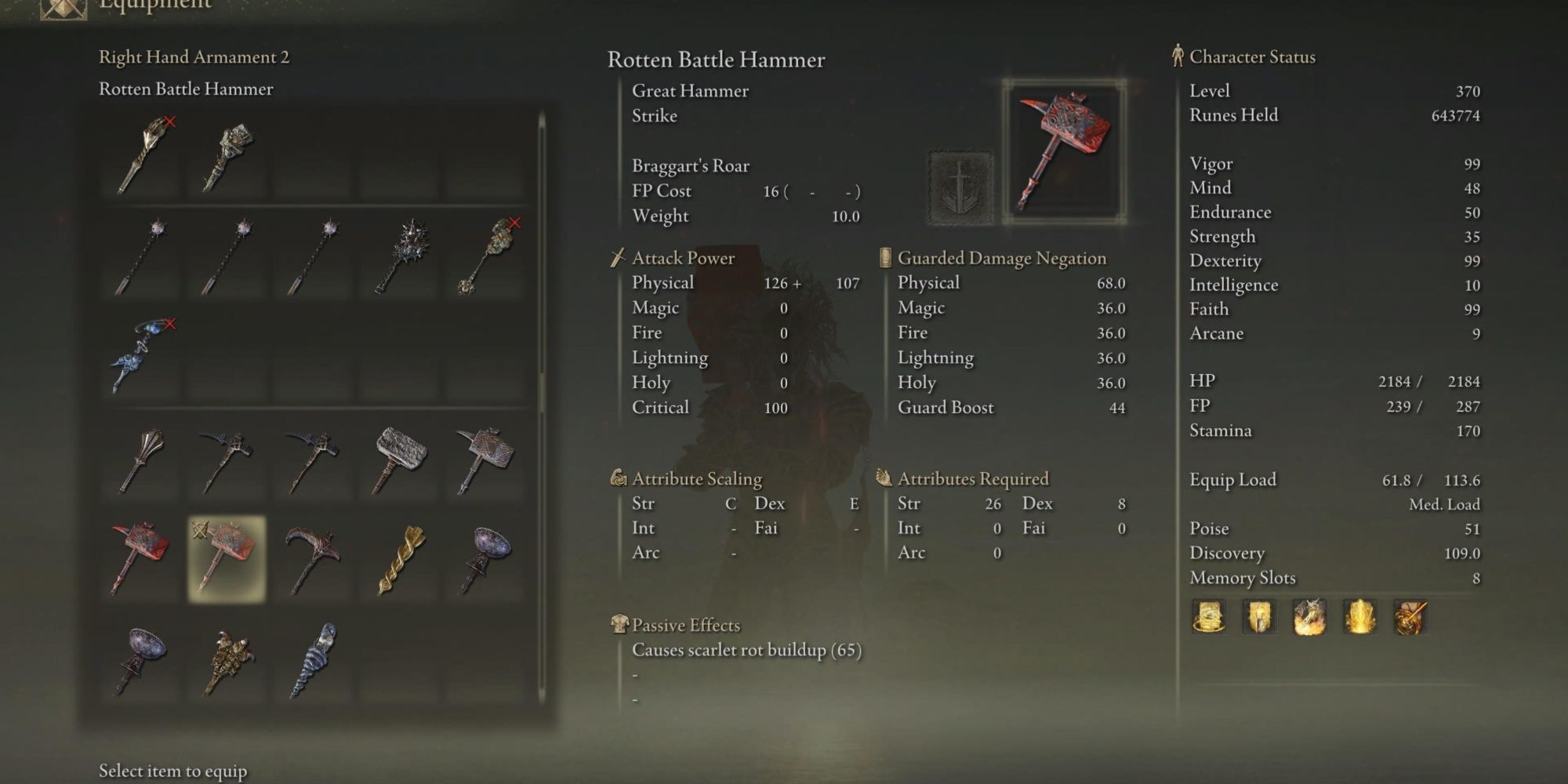 Rotten Battle Hammer Stats in Elden Ring