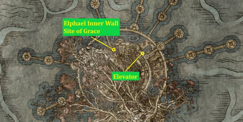 Elphael, Brace of the Haligtree and Elevator on the map in Elden Ring