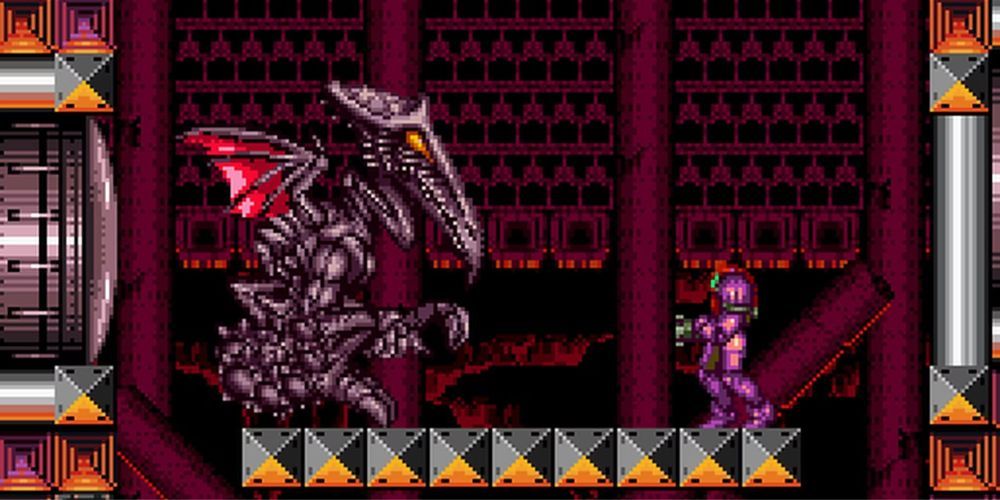 Samus Aran facing Ridley in Super Metroid.