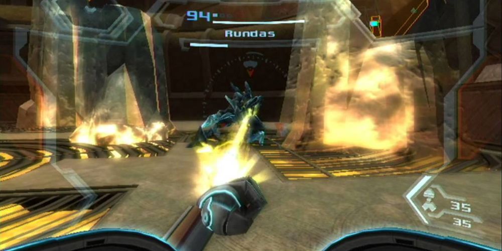 Samus fighting Rundas in Metroid Prime 3.
