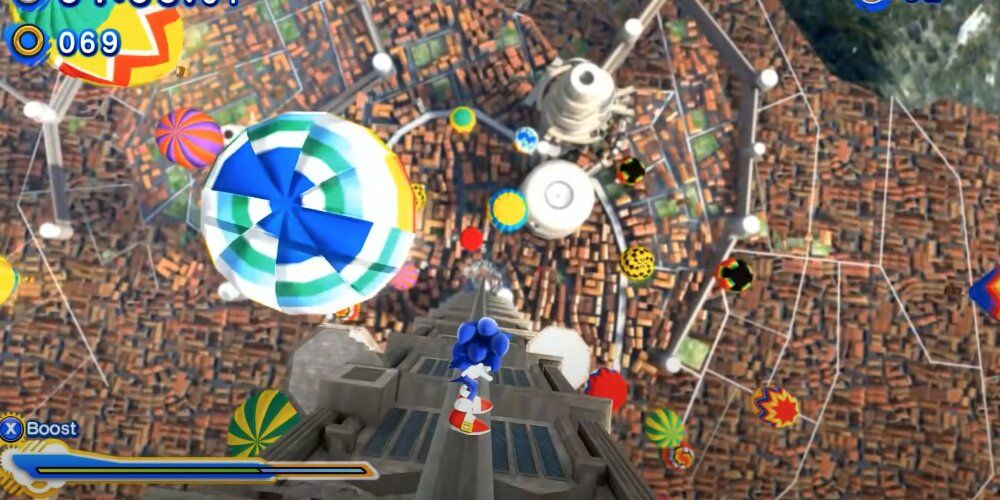 Sonic grinding down a rip above the city 