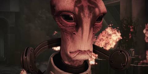 Mordin in a burning building 