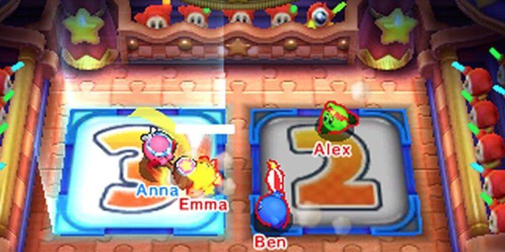 Multiple Kirby's fighting in an arena 