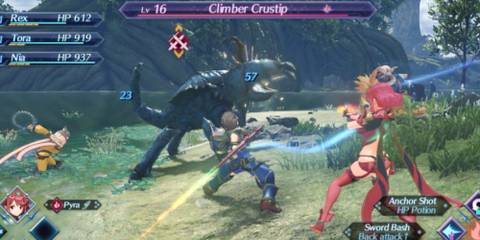 Myrah and Rex attacking a blue monster 