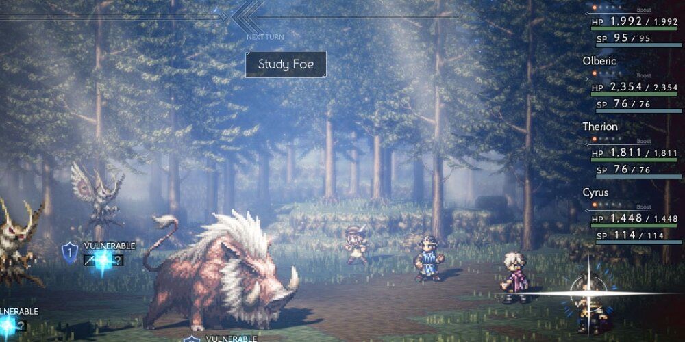 Party members attacking a boar in Octopath Traveler 