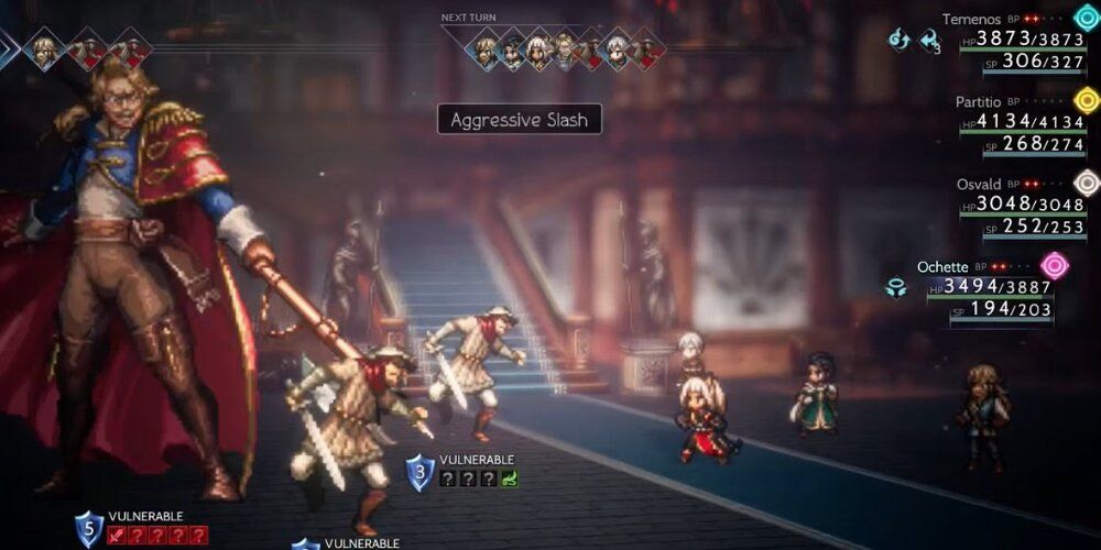 Party members fighting a pirate and his men in Octopath Traeveler 2