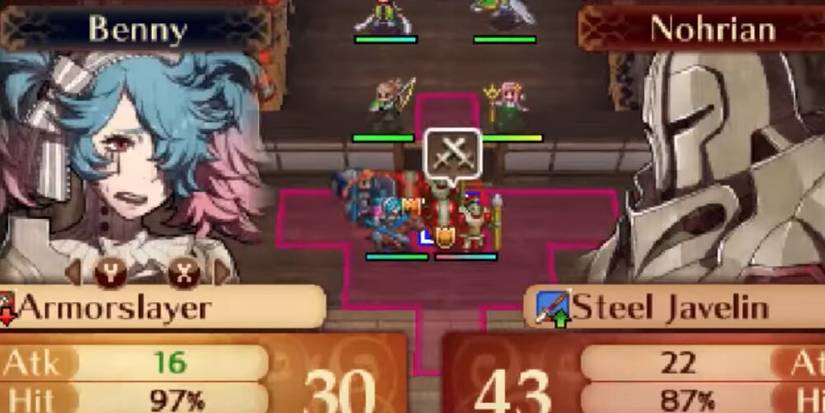 Peri attacking a knight with stats at the bottom of the screen 