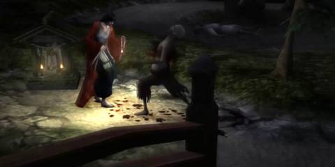 Woman fending a monster away with a light in a garden 