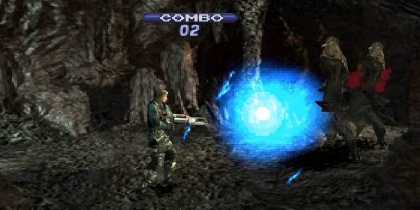Soldier firing a plasma cannon at two dinosaurs 