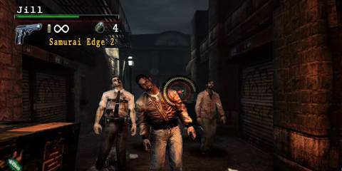 Player aiming a reticle at multiple zombies in a city 