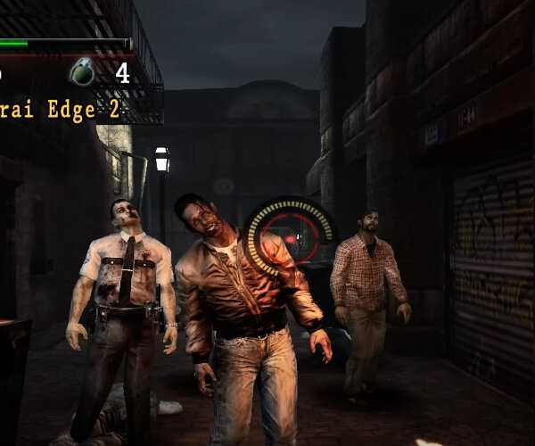 Pemain membidik reticle ke beberapa zombie di kota