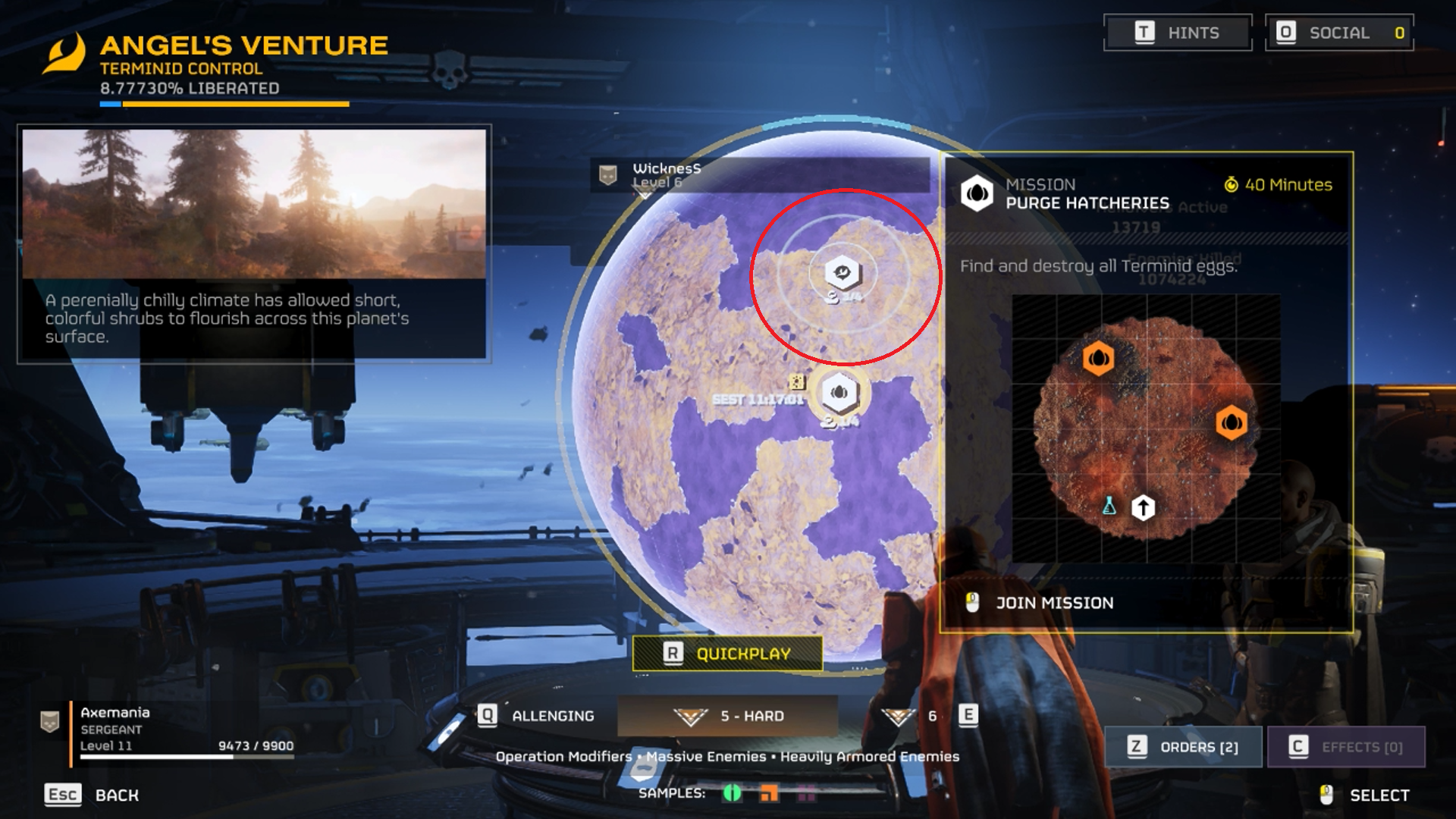 An SOS beacon seen from the mission select screen in Helldivers 2