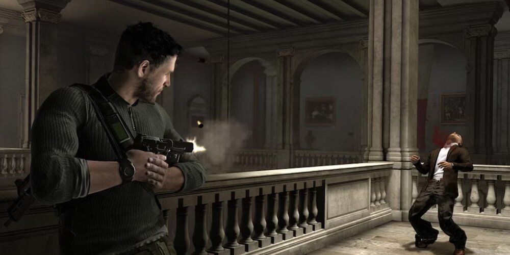 Sam Fisher shooting an enemy on a balcony in Splinter Cell: Conviction 