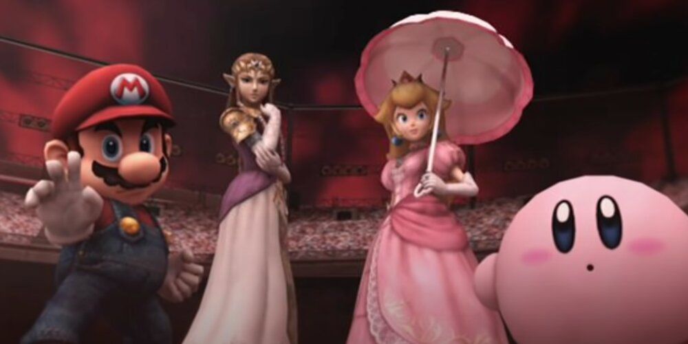 Mario, Zelda, Peach and Kirby with a dark sky above them 