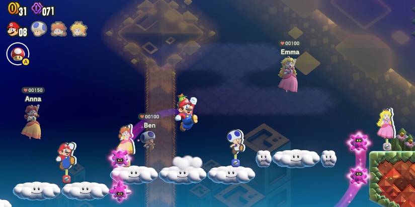 Daisy, Toad, Mario and Peach jumping across clouds 