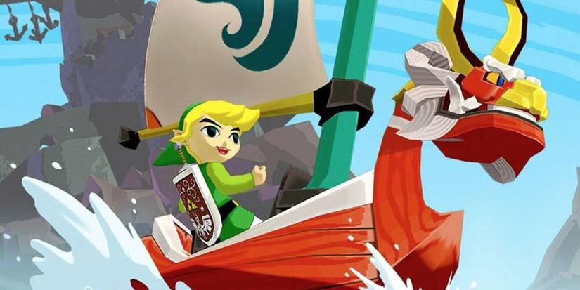 Link riding across the sea on a red boat 