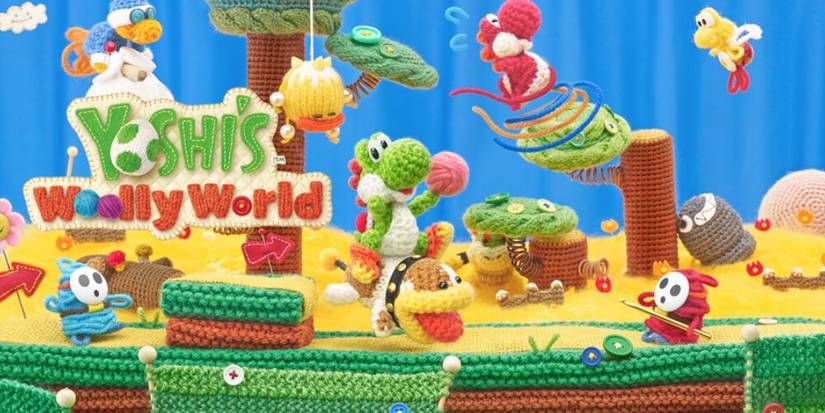 Yoshi and shy guys around him with a yarn art style 