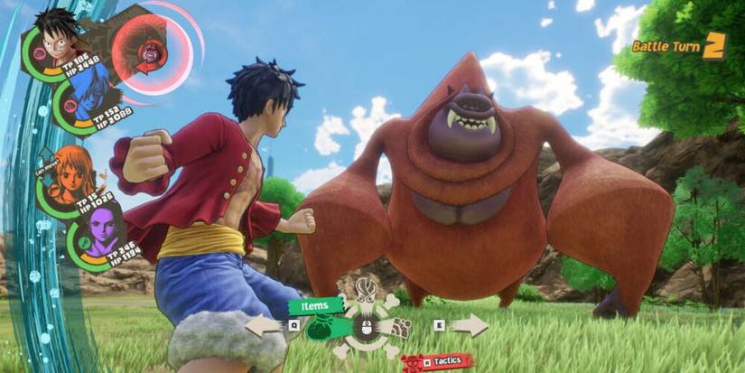 Luffy facing off against a giant monkey enemy 