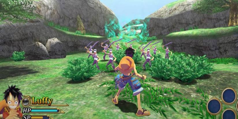 Luffy facing off against a group of marines in One Piece: Unlimited Adventure 