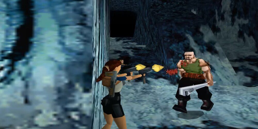 Lara firing her dual pistols at a man with a wrench 