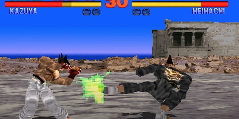 Heihachi fighting Kazuya in front of ruins 