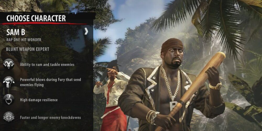 Sam B on the character select screen in Dead Island: Riptide