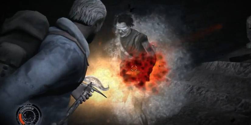 Eric firing a staff at a ghost in Cursed Mountain 