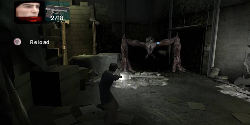 Man with a gun aiming at a large two-legged monster 