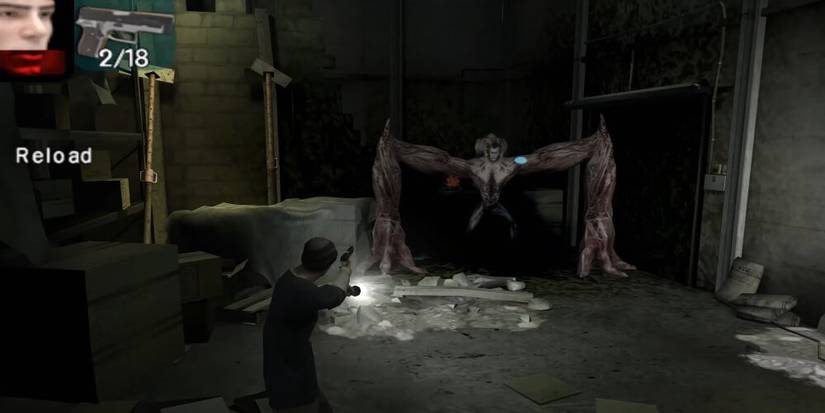 Man firing a gun at a two legged monster 