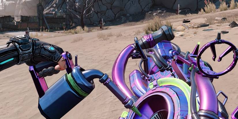 Player reloading the Agonizer 1500 by pouring fuel into it 