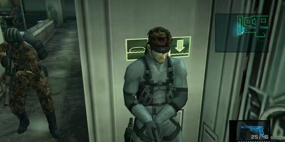 Snake hiding around the corner from an enemy soldier 